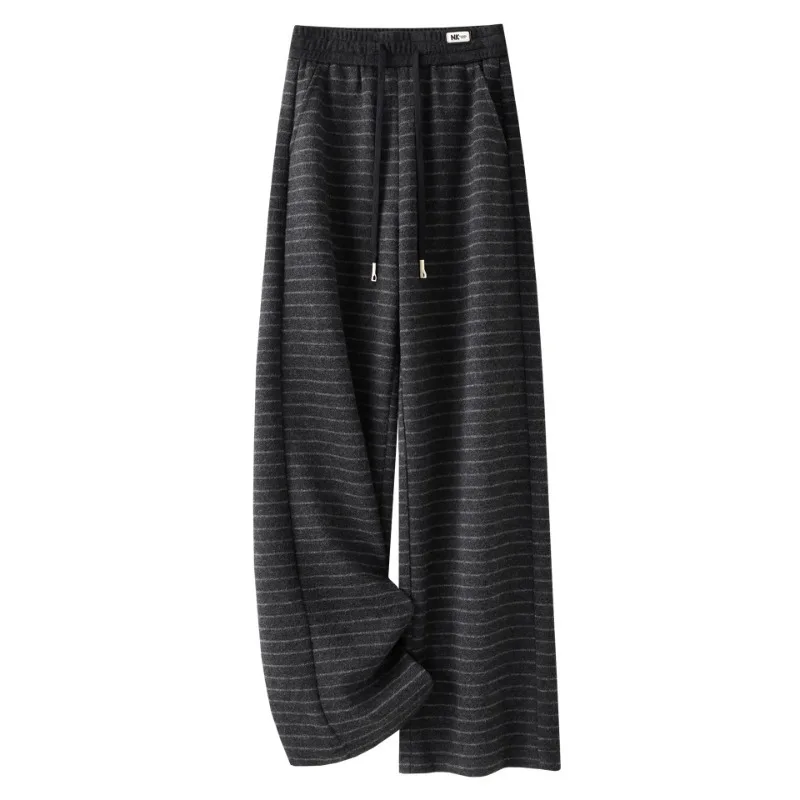 سروال كاجوال صوف مخطط باللون الرمادي للنساء والشتاء، مقاس فضفاض أنيق، يغطي الورك، مقاس نحيف ومستقيم الساق