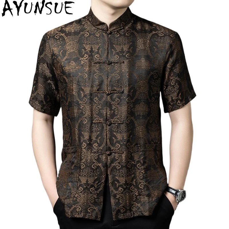 AYUNSUE New 65% Mulberry Silk 35% Viscose Shirts for Man 2026 Short Sleeve Tops Fashion Thin Shirt Men Clothing Chemise Homme