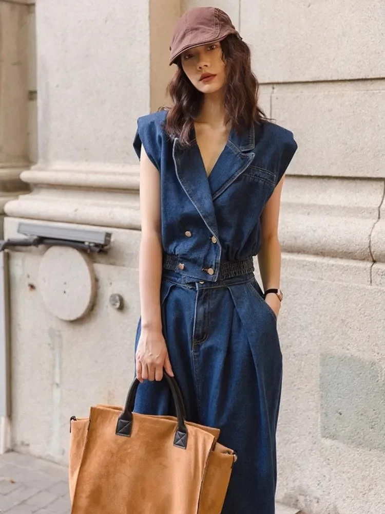 

Retro High-End Sleeveless Denim Suit Women'S Lapel Vest Top Paired With Slim Fit Skirt Two-Piece Set