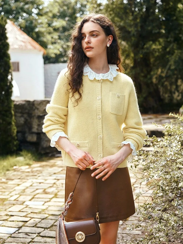 

OLrain Women's Yellow Knitted Sweater Cardigan 2025 Autumn New O-Neck Elegant Fashion Sweet Style Long Sleeves Top O57QM001021