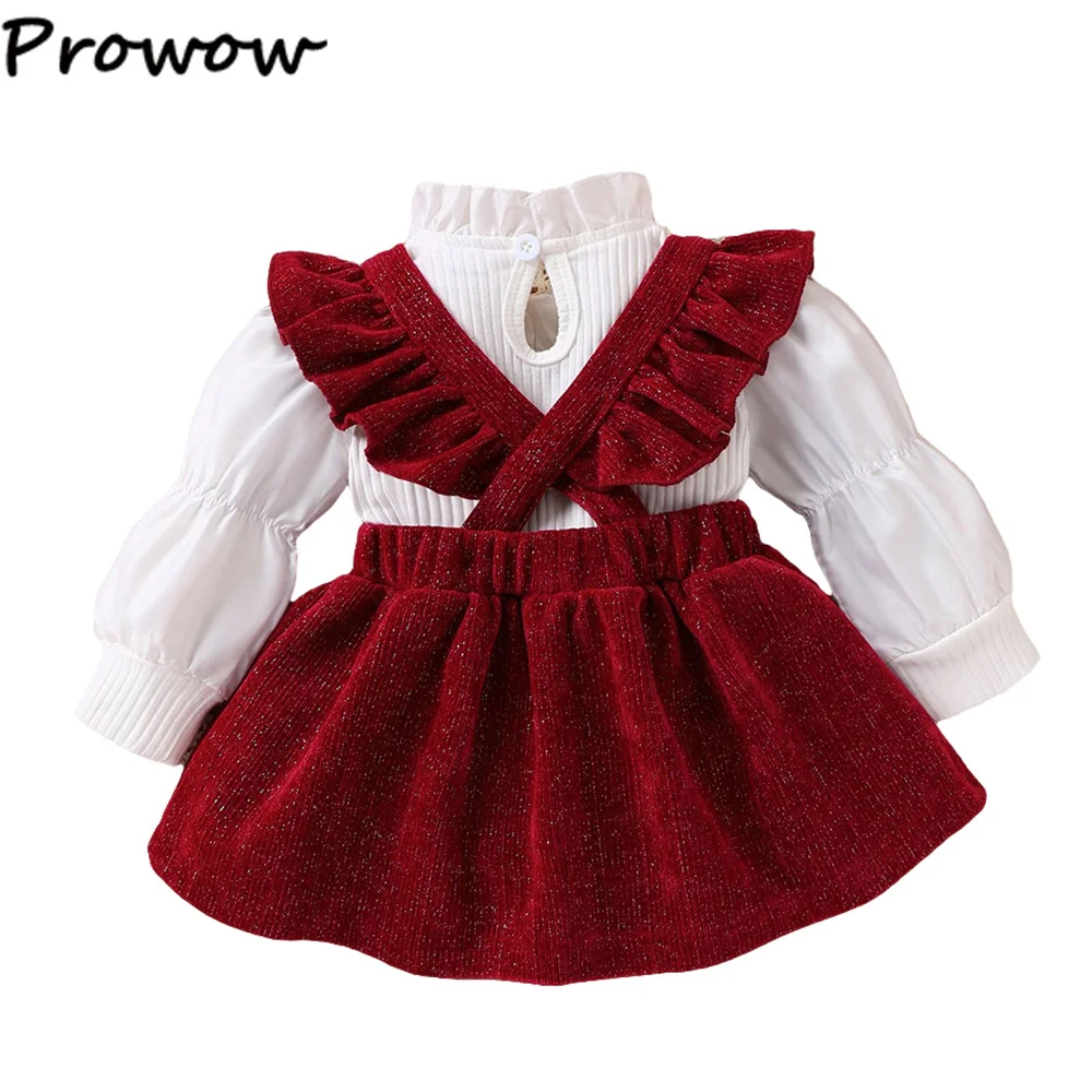 Prowow Infants Baby Girl Christmas Outfits Lantern Sleeve Top Big Bow Red Corduroy Skirts Birthday Party New Year Costume Babies