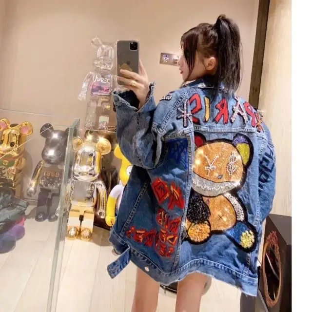 Bear Women Diamond Winter Cartoon Jacket Women  Female Outerwear Jeans Coat Thickening Cotton Winter Parkas Women Grils