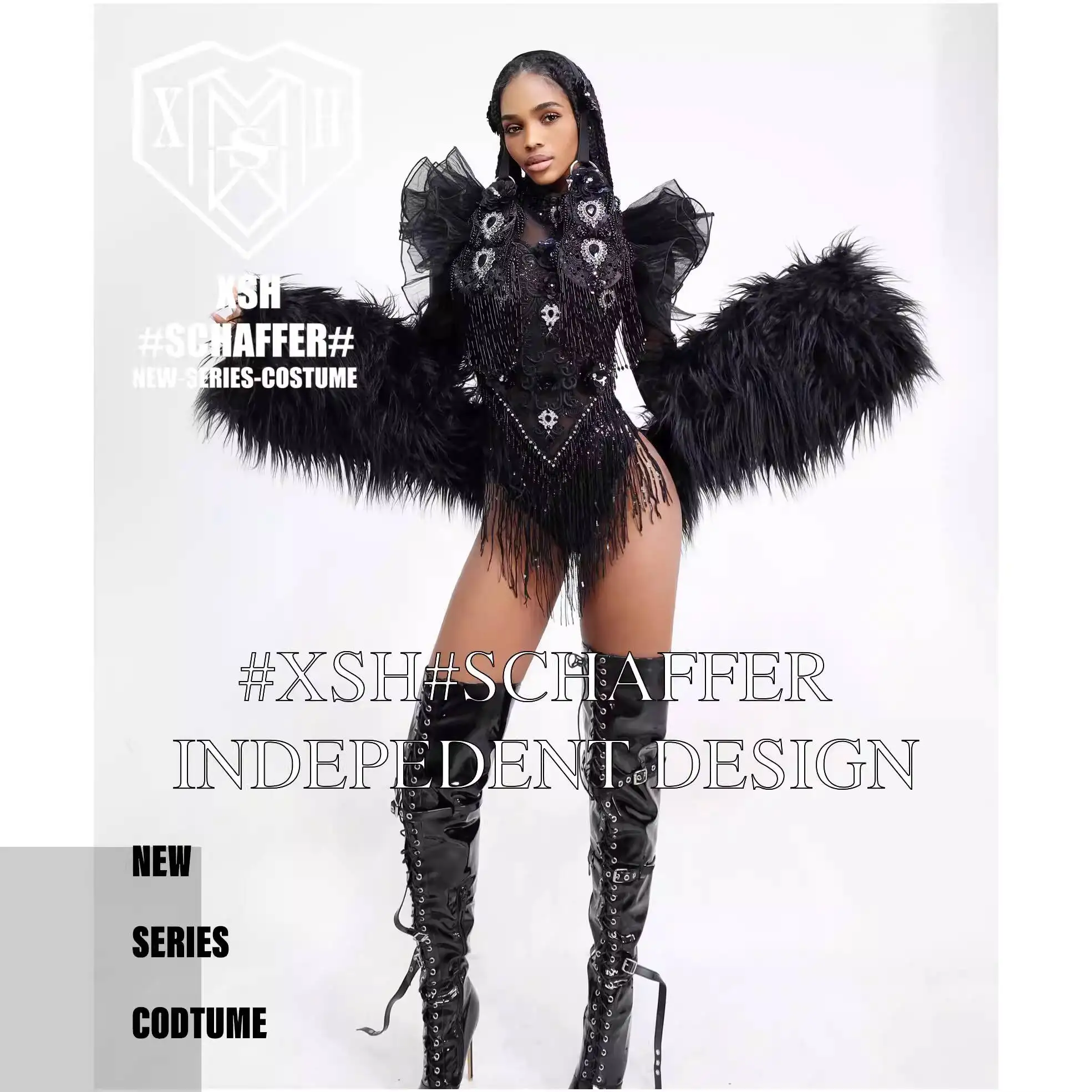 Halloween Bar Gogo Women's Sexy Nightclub Black Lace Fringe Furry Sleeves DS Singer Personality Performance Costume Custom