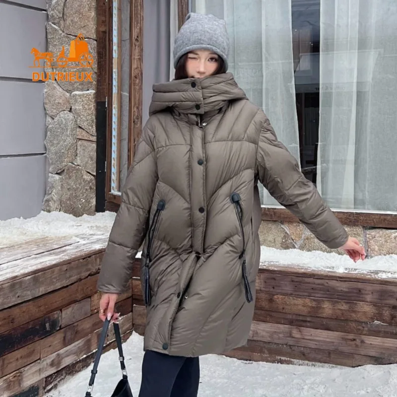 

2025 New Winter Women Simple Mid-length Down Jacket, 90% Grey Goose Down, Thick Texture Elegant and Comfortable Warm Women Coat