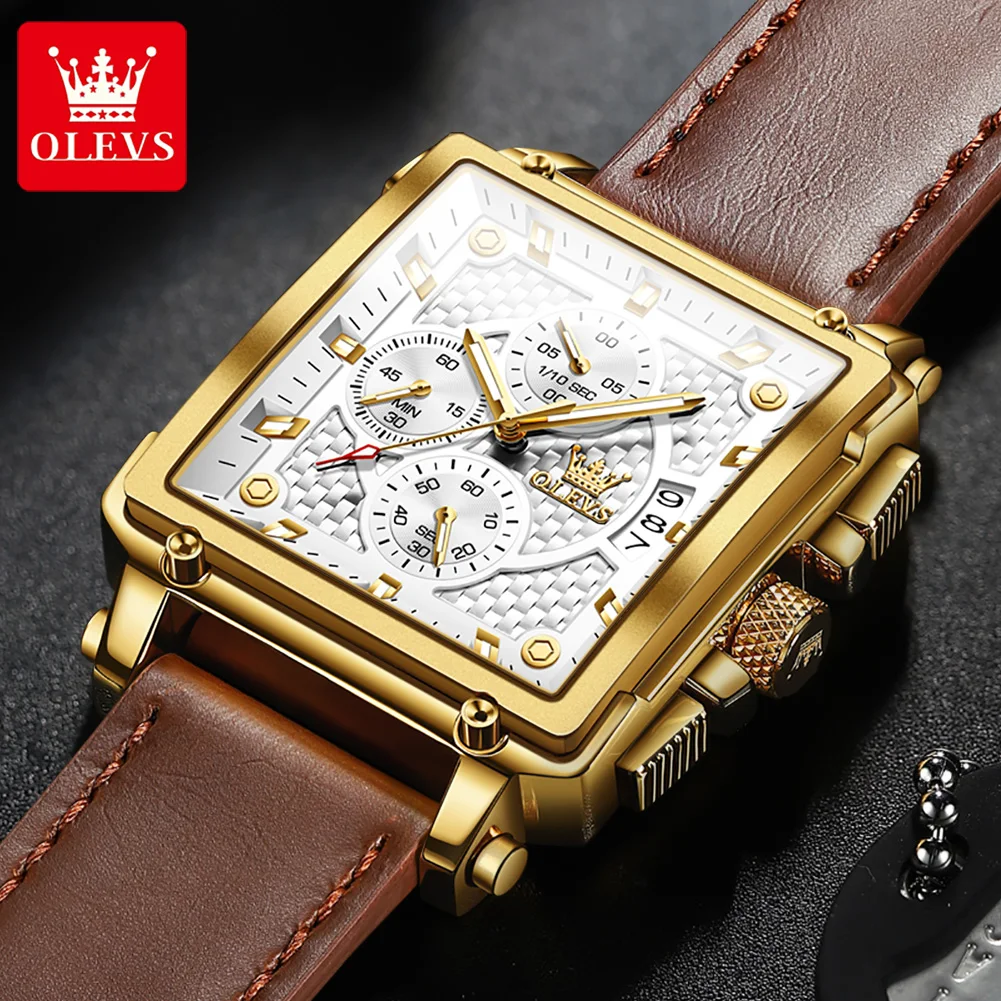 OLEVS 9925 Top Brand Fashion Men\'s Quartz Watch Square Dial Chronograph Waterproof Automatic Date Leather Strap Casual Watch