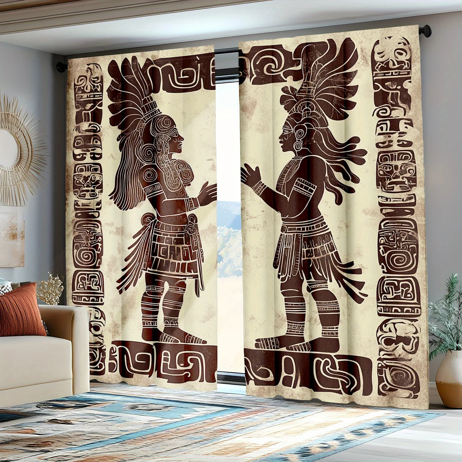Mayan Folklore King and Serpent Rod Pocket Window Curtains - Mesoamerican Art Room Decor for Bedroom Living Room Set of 2 Panels