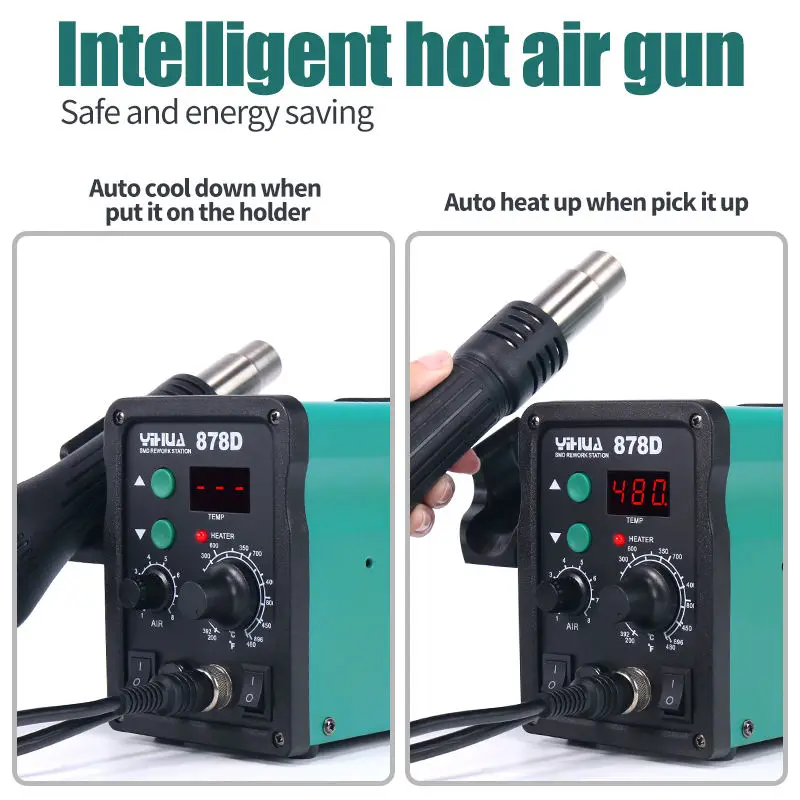 YIHUA-Estación de soldadura con pistola de aire caliente, 878D, 220V, 110V opcional, 907A