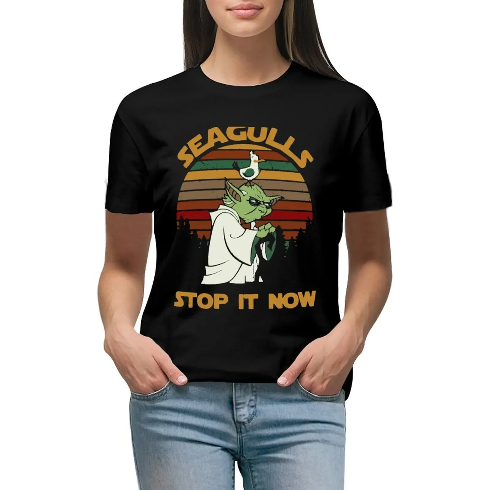 Sunset retro style Seagulls stop it now T-Shirt quick-drying cute clothes plus sizes plain t shirts for Women