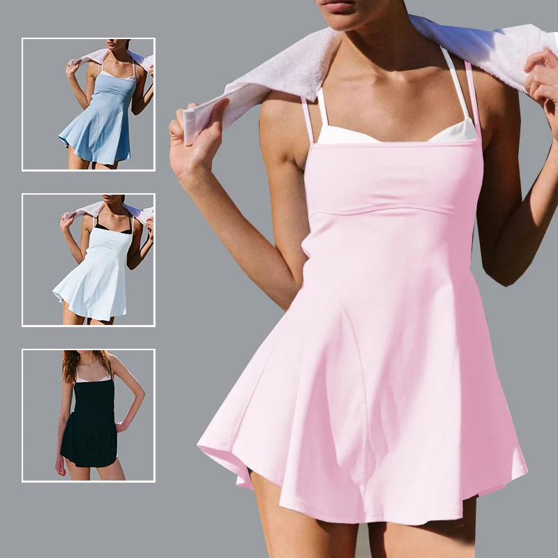 

Womens Tennis Dress Sleeveless Backless Athletic Dress with Shorts Ladies Slim Exercise Workout Golf Skirts Quick-dry Breathable