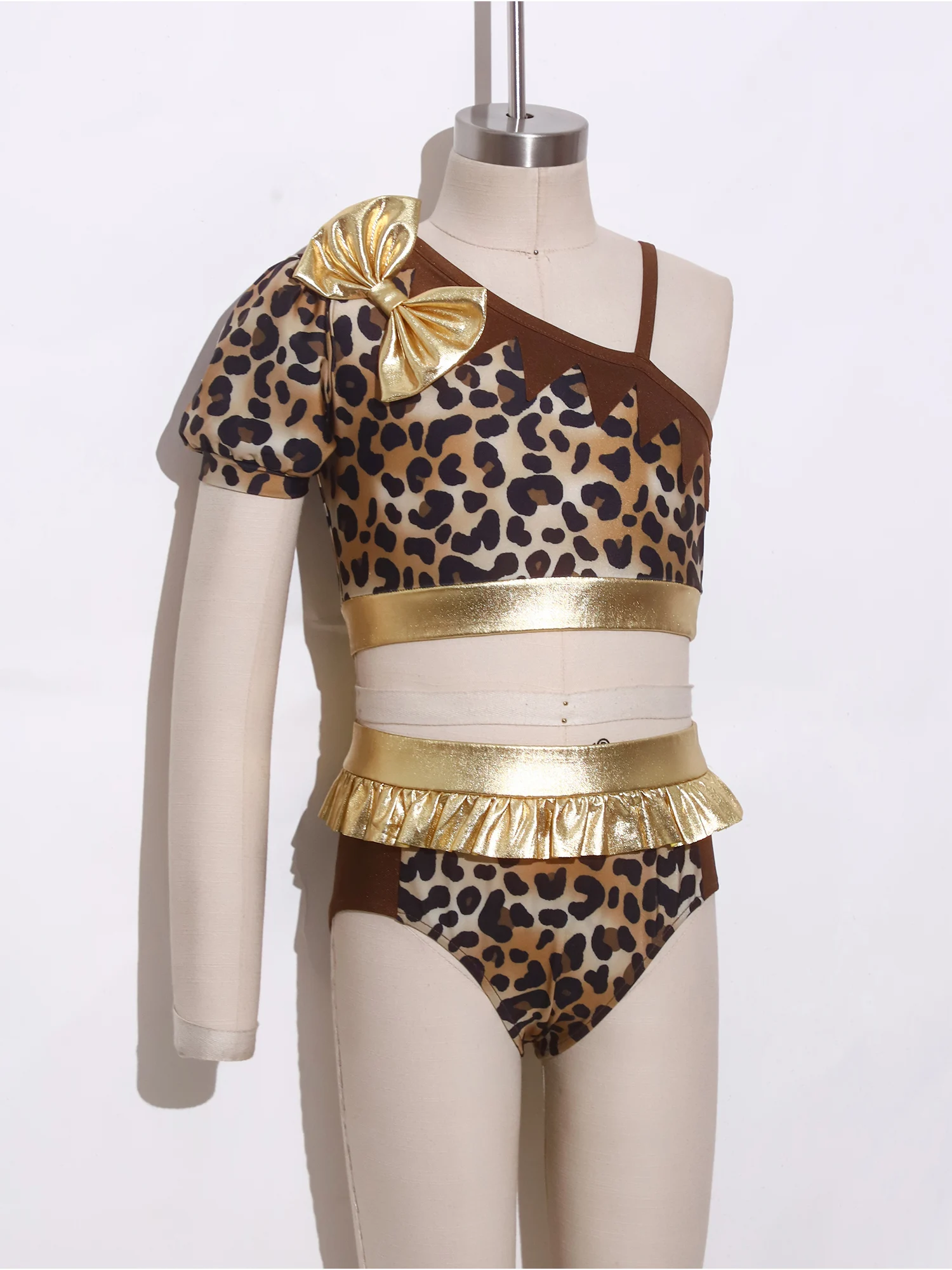 Girls Prehistoric Cave Printed Costume Outfit Leopard Print Metallic Gloss Crop Top +Briefs Halloween Caveman Primitive Dress Up