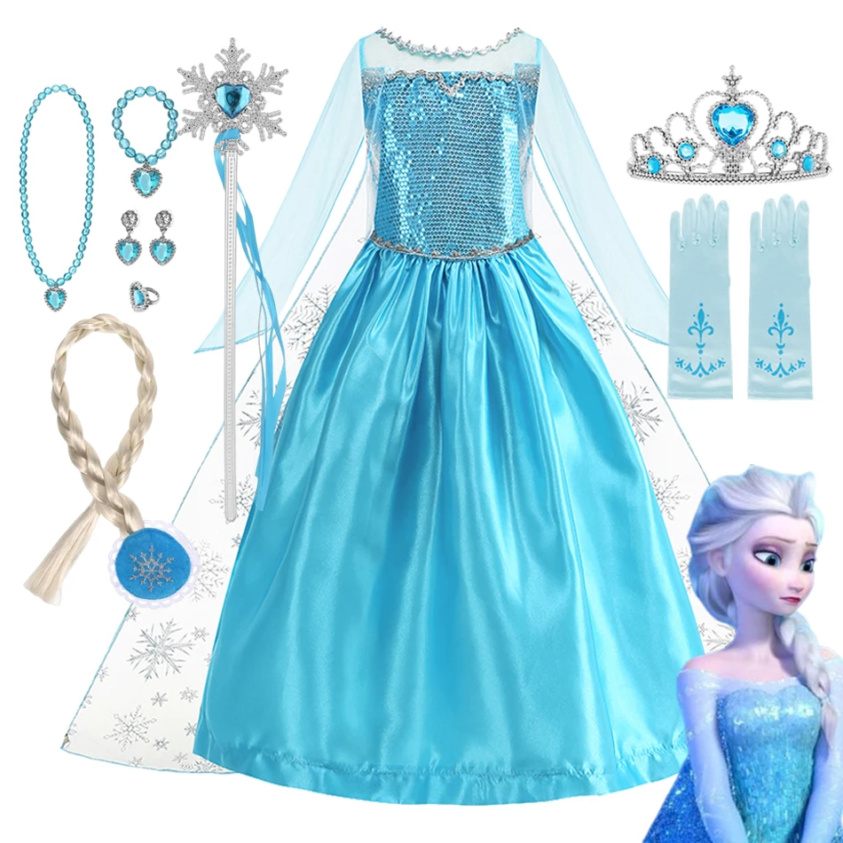

2025 Disney Frozen Elsa Princess Snow Queen Dress Girls Dress Cosplay Costume For Kid Halloween Birthday Party Vestidos Dress