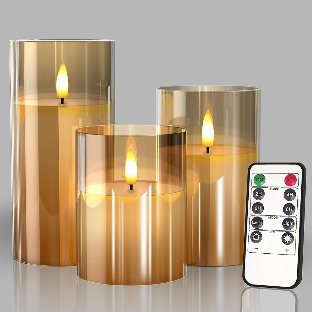 LED Flameless Candles with Remote, Glass Battery Operated Flickering Light for Festival Wedding Home Party Decor-Ivory White