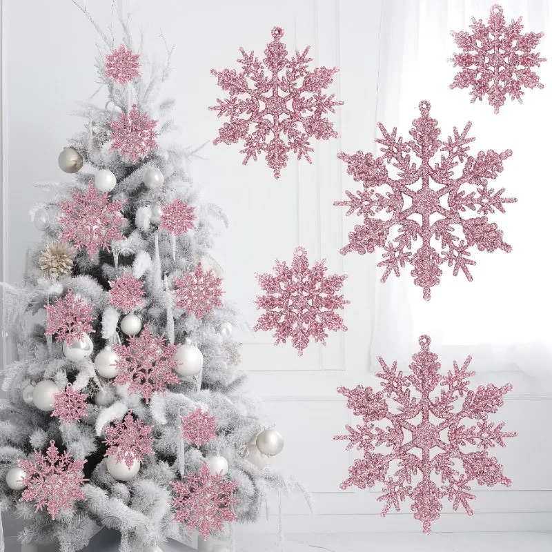 12PCS Paper Pink Glitter Snowflakes Christmas Tree Decorations Pendant Xmas Ornaments New Year 2026 Gifts Home Decor Supplies