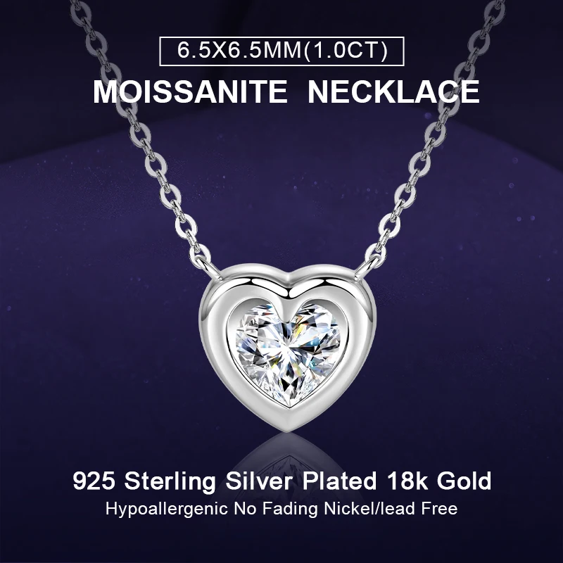 IOGOU 925 Sterling Silver Heart Shaped Pendant D Color 1CT Moissanite for Women Solitaire Diamond Love Wedding Fine Jewelry Gift