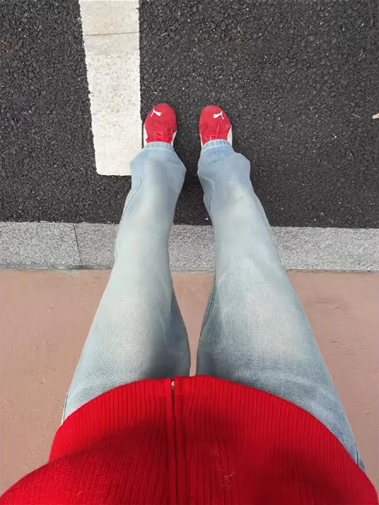 

Cleanfit Men's Retro Blue Jeans High Waist Straight Leg Micro Flared Pants American Sle Waed out Casual Trousers