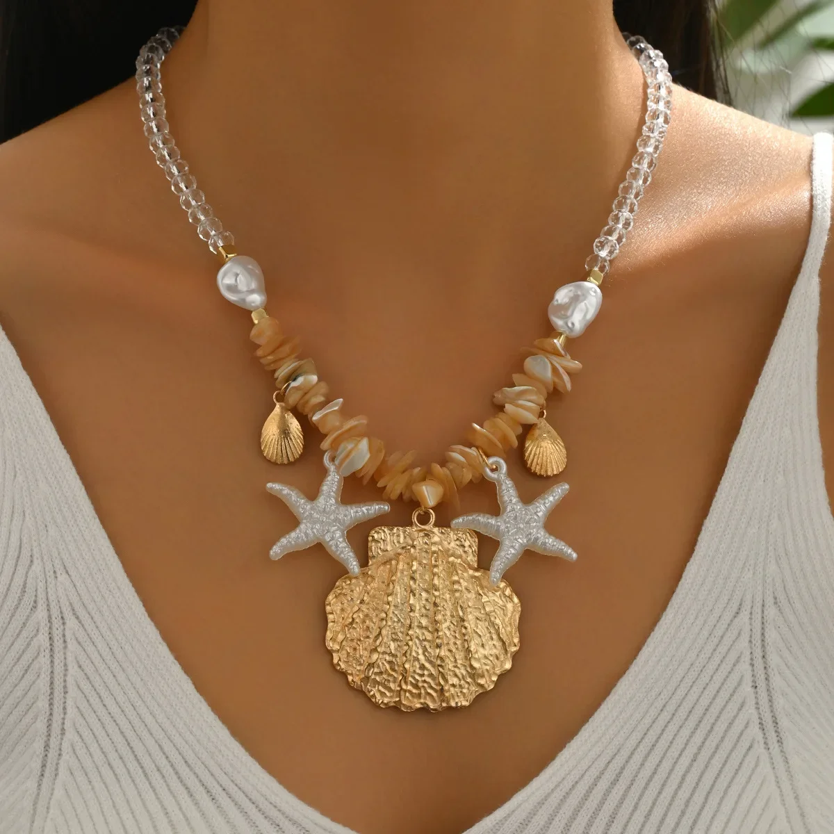 Beachy Bohemian Oversized Shell Necklace Women's Summer Fashion Versatile Starfish round Bead Luxury Clavicle Chain Jewelry