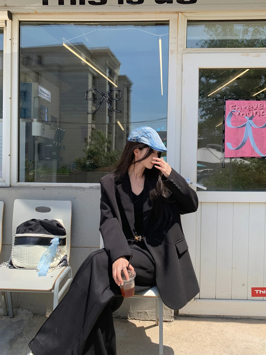 

SMBL RAIN Bla Casual Women's Suit Jaet Loose Silhouette Long Sve Mid-Length Polyester Blend Faionable Design