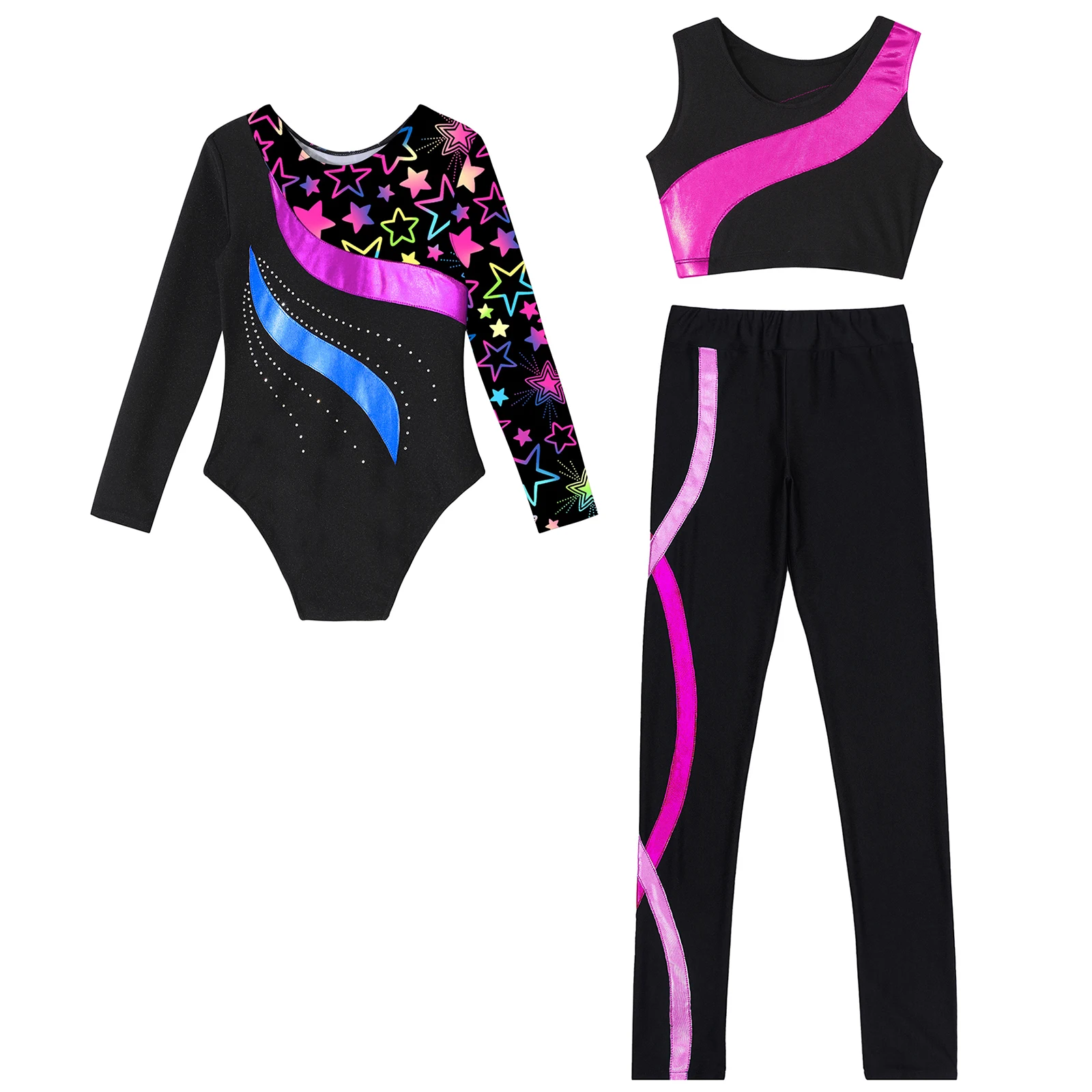 Kids Girl's Workout Gymnastics Outfit Yoga Sets Long Sleeve Ballet Leotard Vest Shorts Dancewear Set Teen Sports Athletic Suits