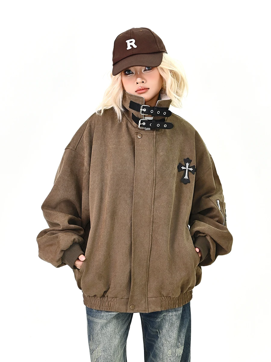 

Женская свободная куртка Street Style с воротником-стойкой и кожаными вставками, синяя, весна 2026, новая модная винтажная куртка в стиле High Street