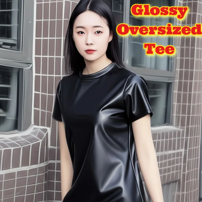 

Glossy Oversized Short Sleeve T Shirt Women Plus Size Stretchy Loose Fit Summer Top Elegant Round Neck Slimming Casual Blouse