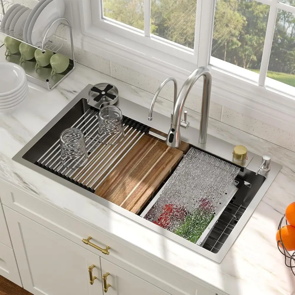 

33 Inch Waterall Kitchen Sink Drop In Smart Workstation Kitchen Sink 33X19 Inch 16 Guage StainlSteel Single Bowl Topmount Multiu