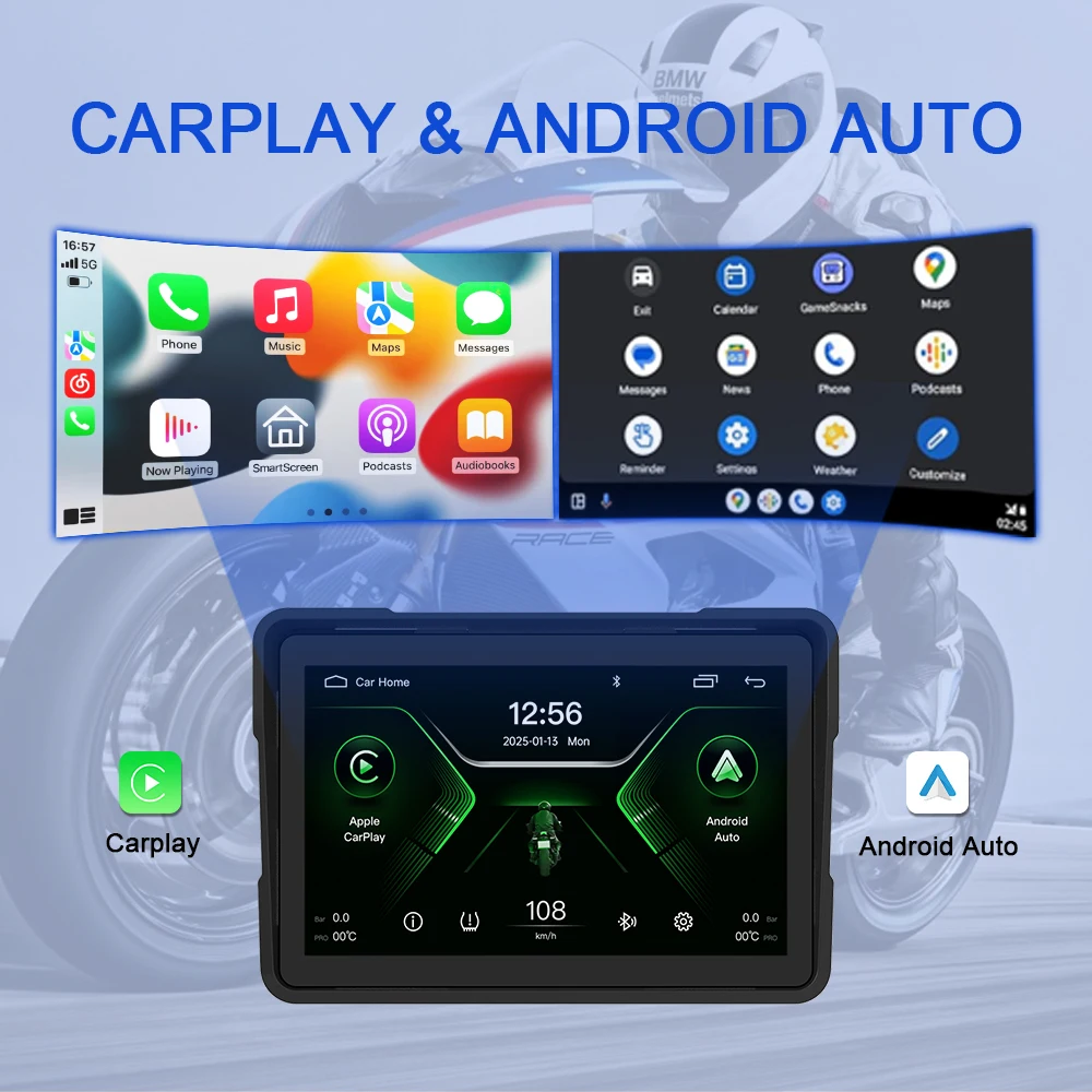 Motorcycle Carplay Navigation GPS Android Auto Motor IPS Screen IP67 Easy to Install Universal