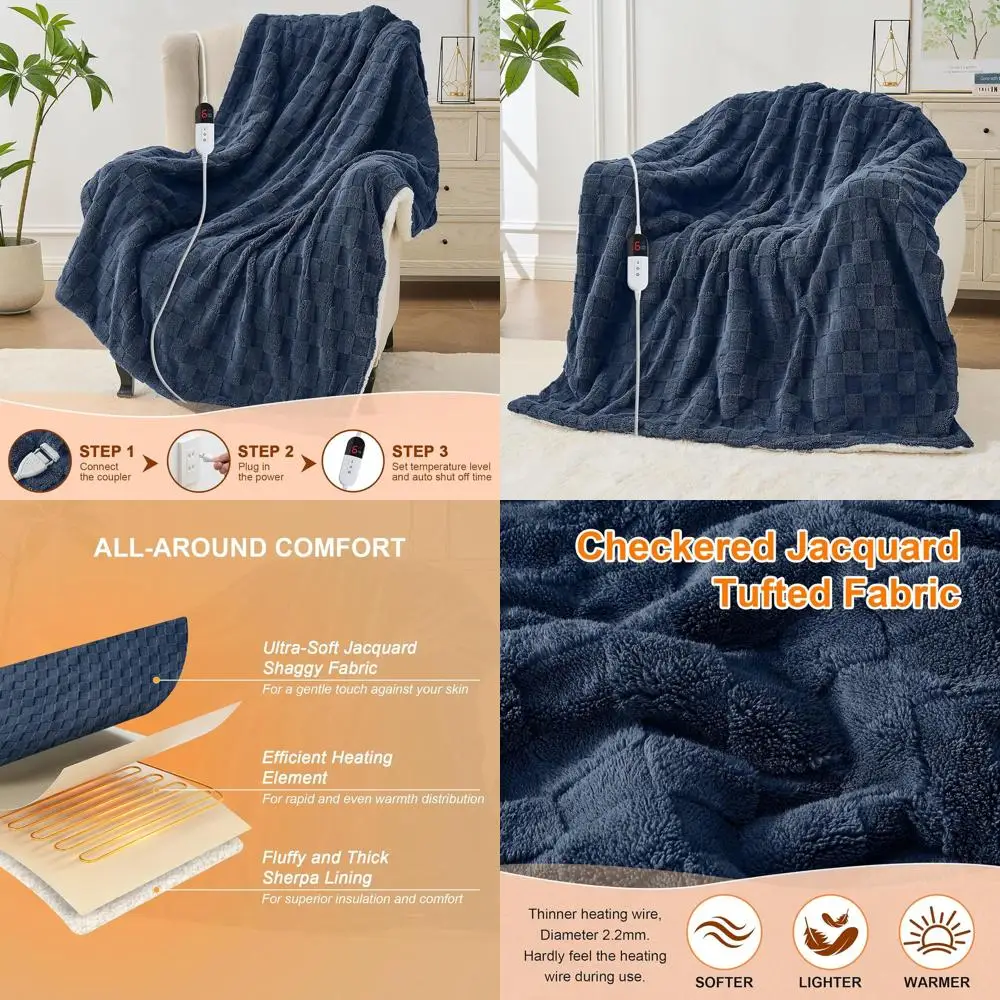 

Электрическое одеяло Twin Jacquard Sherpa, 62x84, 6 режимов нагрева, автоматическое отключение через 10 часов, защита от перегрева, темно-синий