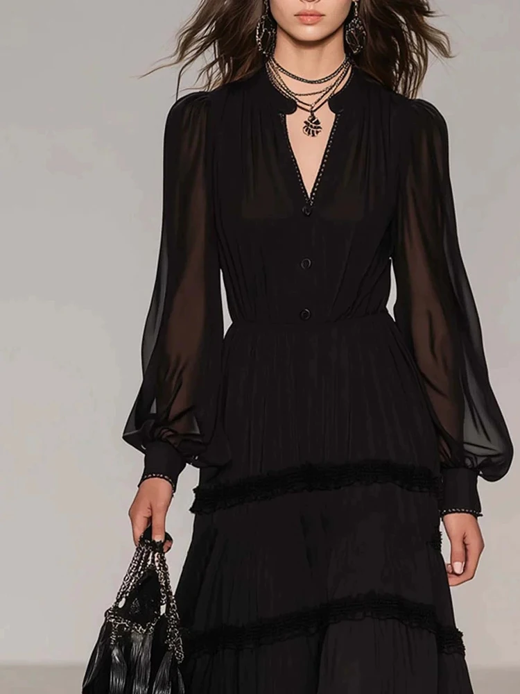 

Новое весенне-летнее элегантное женское шифоновое платье макси с высокой талией, плиссированное, с V-образным вырезом, длинными рукавами, однотонное, в стиле «кейк»