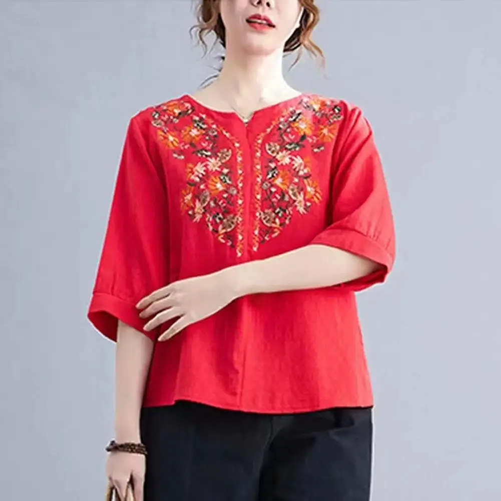 

Summer Casual Shirt Stylish Women's V-neck Floral Embroidered Shirt Casual Half Sleeve Pullover Top Loose Fit for Summer