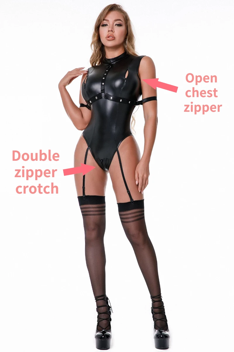 Sexy Female Bodysuit Shiny Faux Leather Leotards Body Shaper Corset Jumpsuit Stockings Bondage Lingerie High Elastic Garter Set