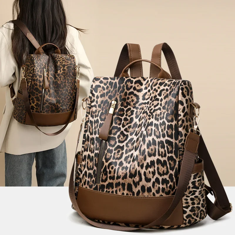 Fashionable Leopard Print Large Capacity Casual Travel Women's Backpack Anti-Theft Shoulder Bag Simple Design Cross-Border New M