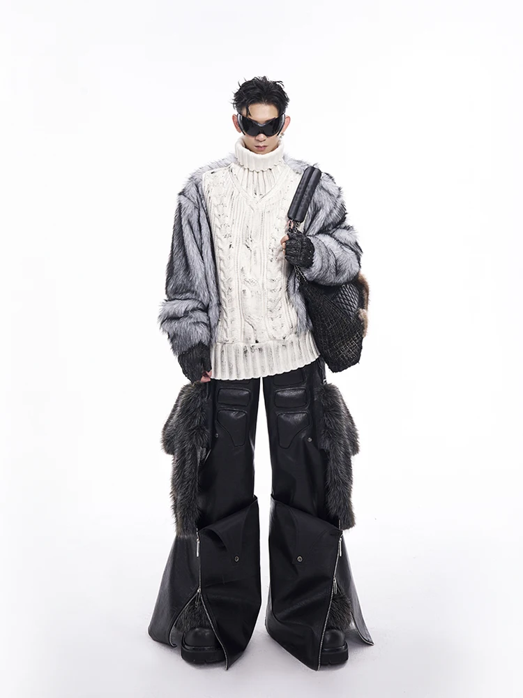 High Street Patchwork High Neck Sweater Men's Autumn and Winter with Thick Velvet Lining and Hand-painted Knitted Sweater Tops