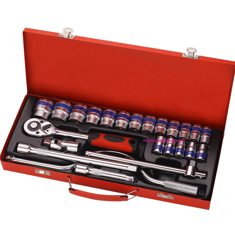 24-Piece Set Ratchet Wrench Tool Blue Ribbon with Rocker Rubber Handle Iron Box