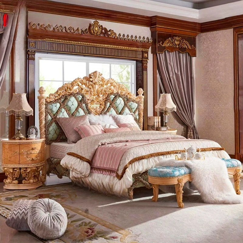 

French Fabric Master Bedroom Double Bed Court Roman Column Double Wedding European Style