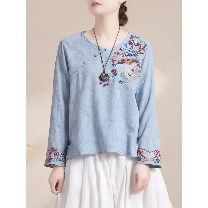 Summer Chinese Style Improved Hanfu Beautifully Embroidered Top Women V-neck Long Sleeve Slanted Button Cotton Linen Top