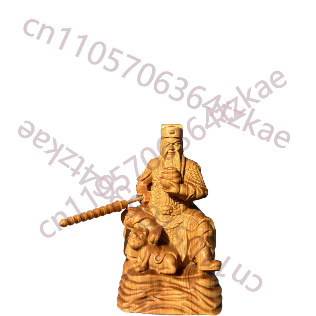 

Hand-Carved Cypress Wood Zhao Gongming Statue - 4.3" Wealth God Riding Tiger Sculpture Home Decor Feng Shui Figurine