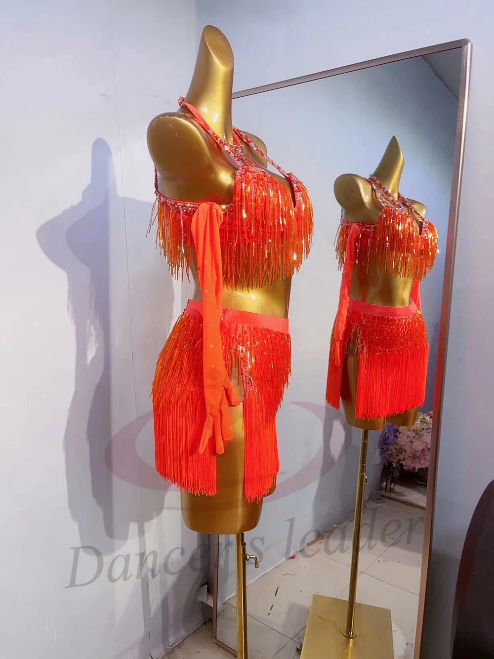 라틴 댄스 의상 AB 스톤 여성 성인 어린이 고급 맞춤형 오렌지 비즈 튜브 태슬 삼바 공연 드레스