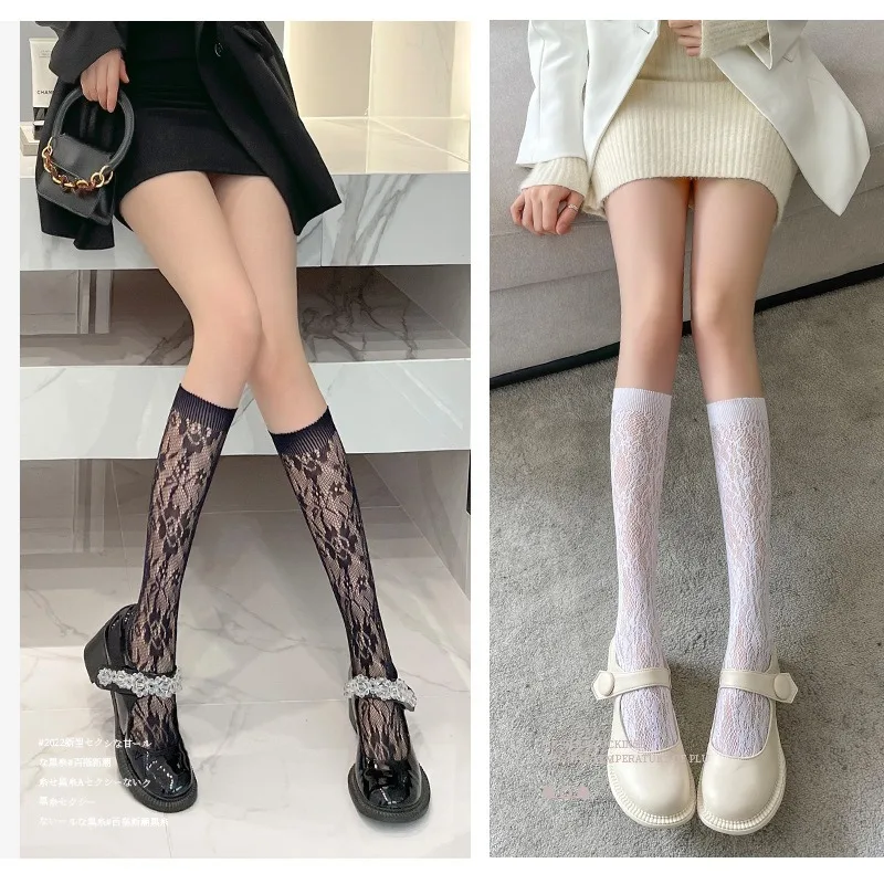 Women Sexy Floral Print Mesh Stockings Sweet Calf High Socks Soft Nylon Elastic Fishnet Fashion Long Leg Designer Sheer Socks