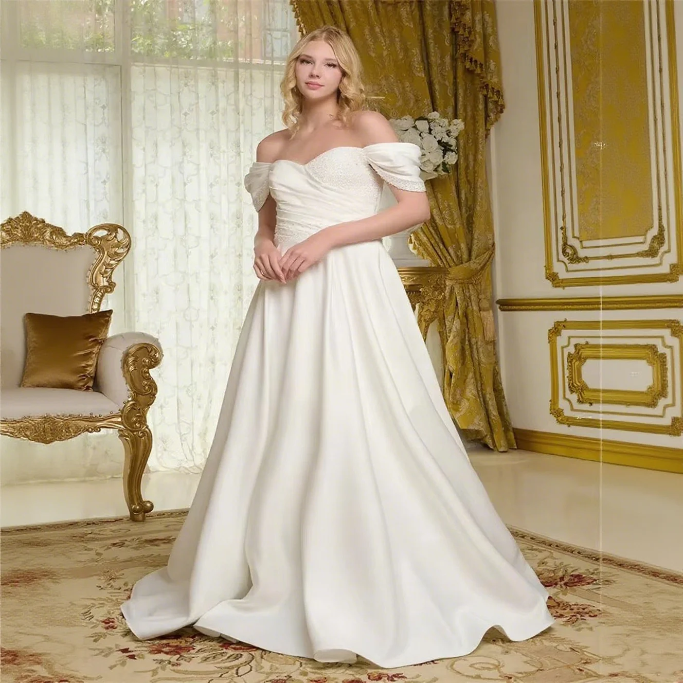 

Customized Off Shoulder Sleeves V Neckline Satin A-Line Wedding Dress Lace Up Back Floor Length Sweep Train Gown For Bride 2025