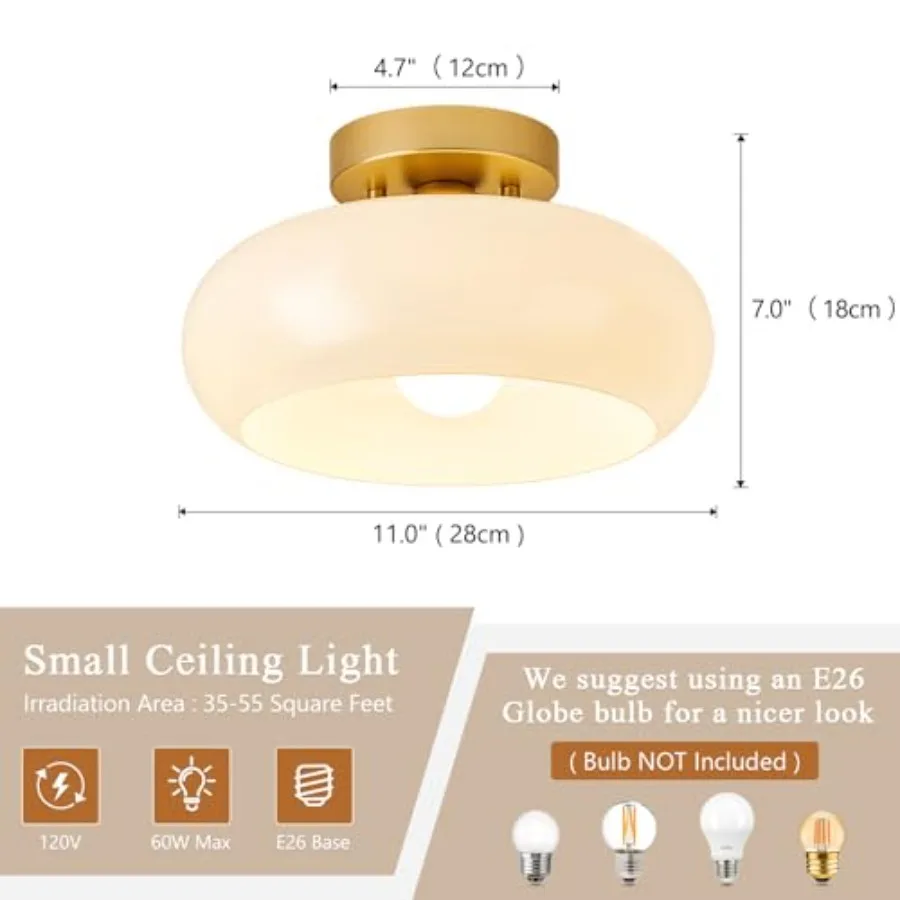 Mid-Century Modern Semi Flush Mount Ceiling LightWhite Glass Dome Hallway Lighting Fixtures Metal Close to Ceiling Lamp for Ent