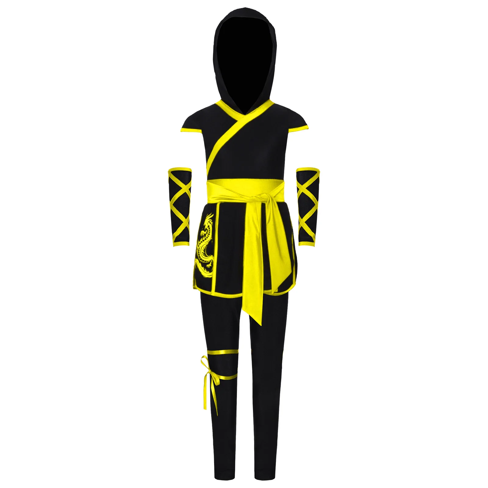 

Костюм ниндзя на Хэллоуин для мальчиков и девочек, детский карнавальный костюм кунг-фу, дракона, платье с широким поясом на талии, топ с капюшоном и брюками, маска, перчатки