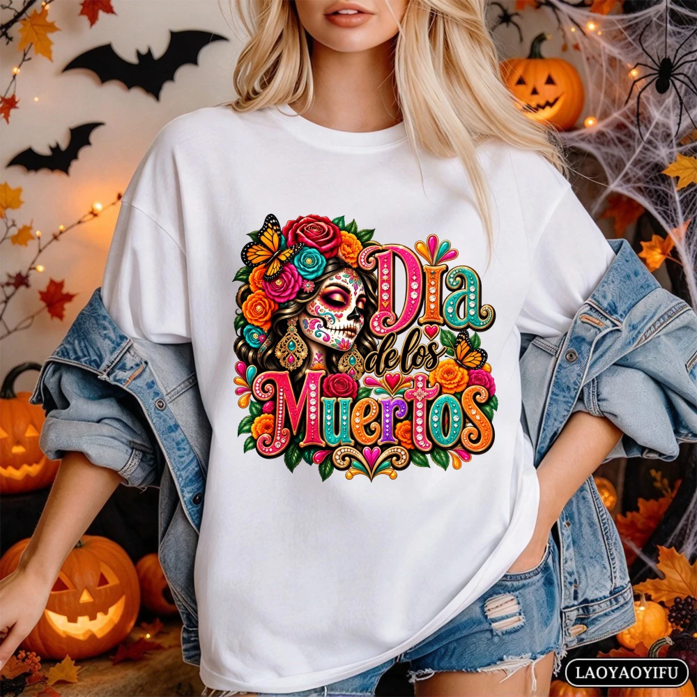 Dia de Los Muertos Women Tshirt Multi Color with Roses Sugarskull Tee Day Of The Dead Graphic T Shirt Mexican Fiesta Cotton Tops