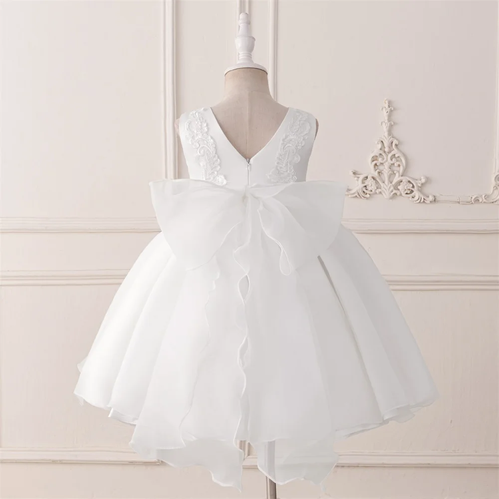 Formal White 1 Year Birthday Dress For Baby Girl Clothes Bow Baptism Princess Dress Elegant Beads Girls Party Gown Vestido 0-4Y