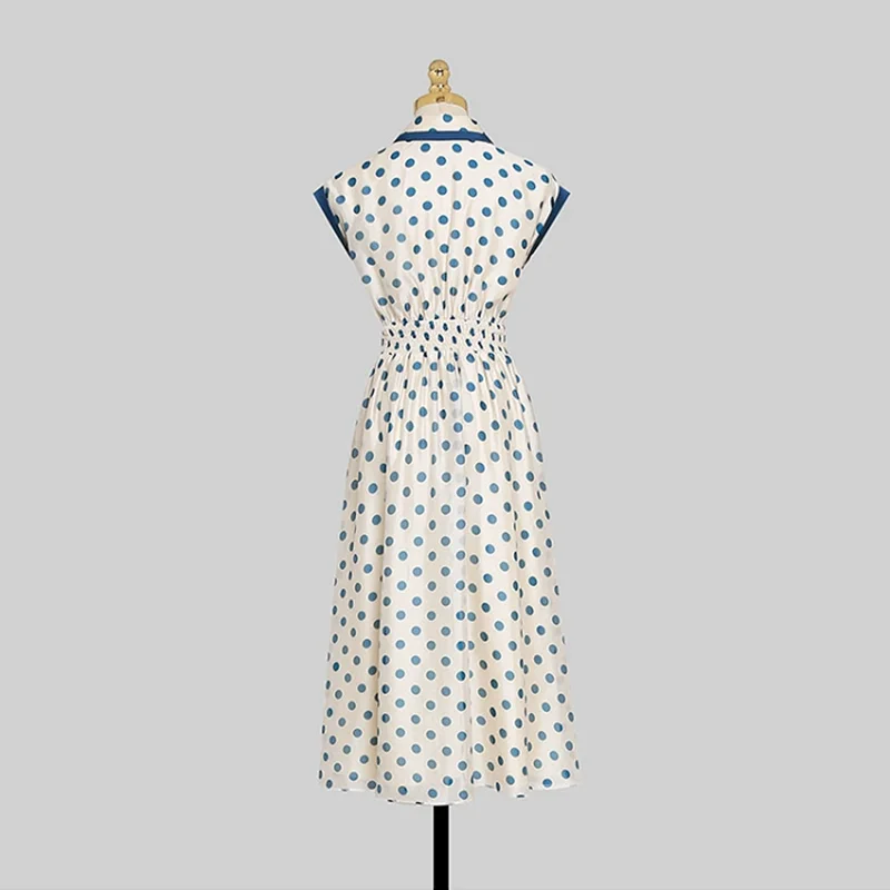 Hepburn Vintage Polka Dot Print Women Dresses Fashion Bowknot Summer Ladies Slim Waist Fold A-Line Mid Party Dress Femme