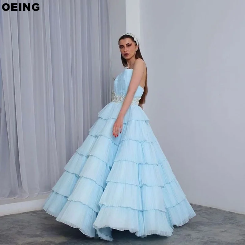 OEING Sky Blue A-Line Prom Dresses Elegant Princess Strapless Tulle Tiered Evening Dress Formal Occasion Gown Vestidos De Novia