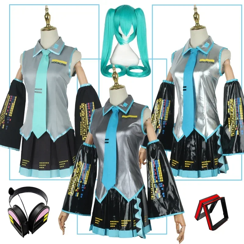 

Аниме Мику Косплей Костюм Япония Платье Миди Vocaloid Miku Парик Женская Одежда Женский Хэллоуин Женский Тканевый Костюм Для Девочек J