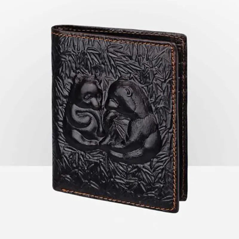 Exquisite Handmade Embossed Leather Men's Wallet with Panda/Dragon Design Bank Card Storage Box