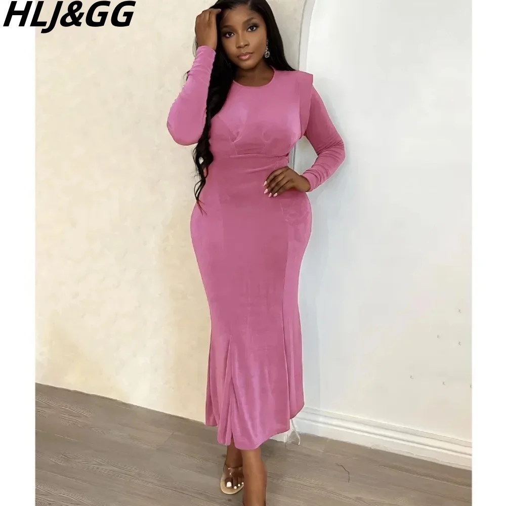 

HLJ&GG Casual Solid Color Bodycon Mermaid Dresses Women Round Neck Long Sleeve Slim Vestidos Fashion Female Club Clothing 2023