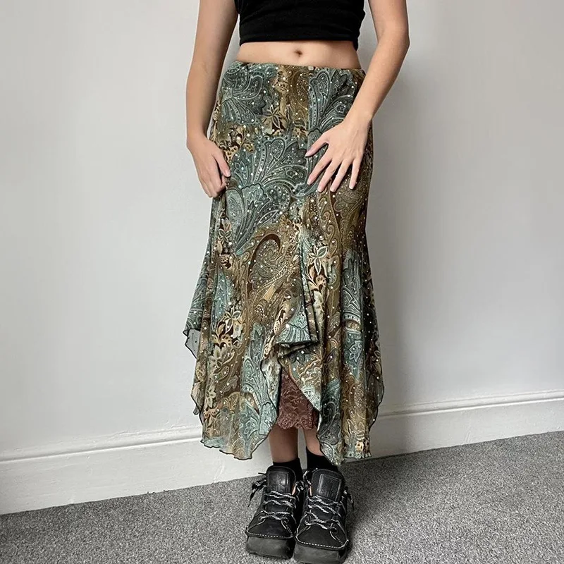 Vestidos femininos saia irregular estampada à base de plantas americanas com design de camadas de nicho pendurado saia longa de renda evasê