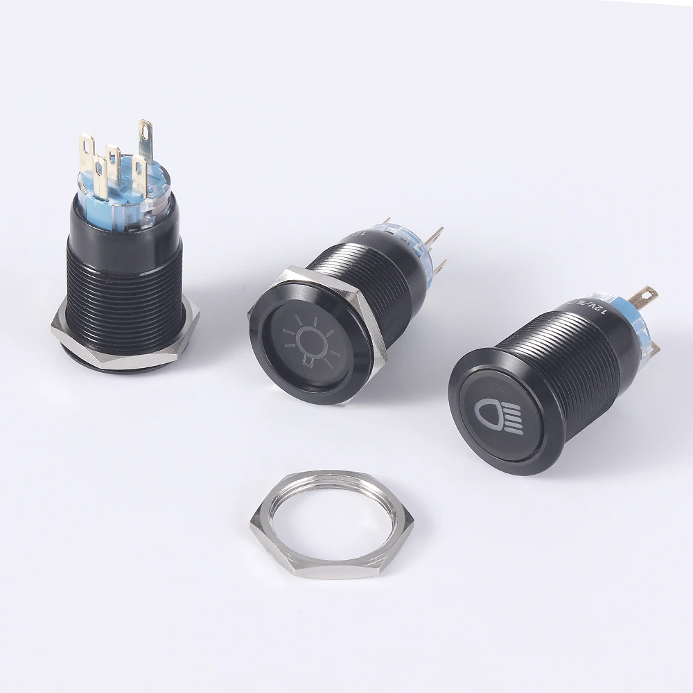 19mm Customization Button Switch Latching Momentary Metal Black Oxide Push Button Ring Lamp Flat Round Fans Light 3A